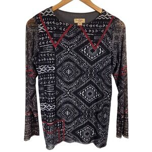 LaPiel AMB Women's M/L Sheer Print Long Sleeve Top Blouse Black Red Bohemian